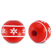 Perline di legno tonde 16mm fiocco di neve rosso-bianco