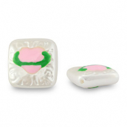 Perline in acrilico quadrato con cuore perla-rosa-verde