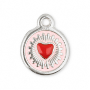 Ciondoli in acciaio inossidabile rotondi con cuore argento-rosso-rosa chiaro