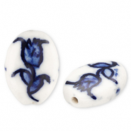 Perline di ceramica ovale con tulipano biancastro-blu Delft