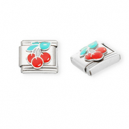 Link-tessera per bracciale italiano con ciondoli in acciaio inossidabile ciliegie argento-rosso-verde