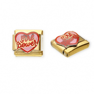 Link-tessera per bracciale italiano con ciondoli in acciaio inossidabile cuore "Girl power" oro-rosa-rosso