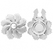 Copri bottoni in acciaio inossidabile a fiore con imitazione di perla argento-bianco