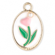 Ciondoli di metallo ovale con tulipano con perla oro-bianco-verde-rosa chiaro