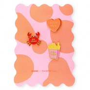 BY31® Pins "Fuck this" / "Oh crab" / "Fri yay" su un cartoncino arancione-rosa multicolore-rosso-giallo