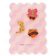 BY31® Pins fiocco con ciliegie / leopardo / "Badass babe" su un cartoncino rosa multicolore-rosso borgogna-marrone-bordeaux