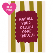 BY31® Espositori bigiotteria in cartoncino "May all your delulu come trululu" verde oliva-biancastro-rosso bordeaux-rosa