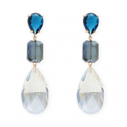 Orecchini con Cristalli goccia-rettangolo blu-blu grigio-blu chiaro-oro