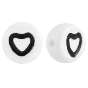 Perline alfabeto in acrilico con disegno cuoricino bianco - nero