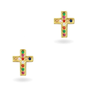 Elementi in ottone con zirconie arcobaleno croce oro