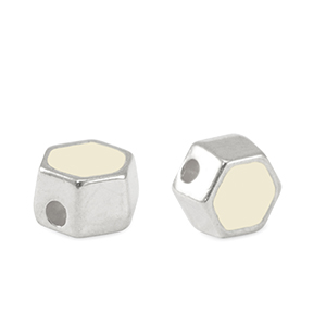 Perline di metallo DQ esagono argento antico-bianco avorio (privo di nichel)
