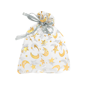Sacchetti in organza 9x12cm luna e stella grigio chiaro-oro