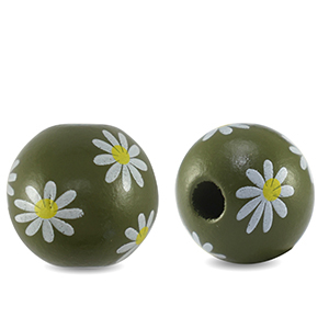 Perline di legno tonde 16mm fiore verde oliva