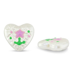 Perline in acrilico cuore con fiore perla-rosa lilla-verde