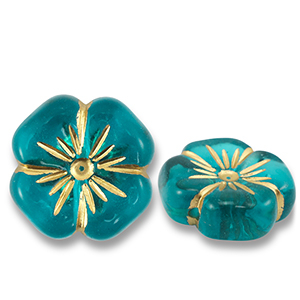 Perline in acrilico fiore blu ottanio-oro