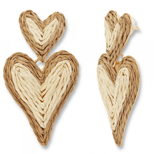 Orecchini alla moda in rafia a cuore beige-marrone chiaro-oro