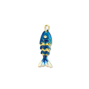 Ciondoli in ottone Eco-brass&reg; pesce oro-blu scuro-bianco