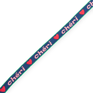 BY31&reg; Nastro con testo "Ch&eacute;ri" blu scuro-rosa chiaro-rosso-verde