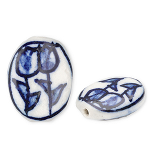 Perline di ceramica ovale con tulipani biancastro-blu Delft