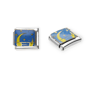 Link-tessera per bracciale italiano con ciondoli in acciaio inossidabile luna e stelle argento-blu-giallo