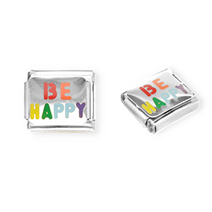 Link-tessera per bracciale italiano con ciondoli in acciaio inossidabile "Be happy" argento-multicolore