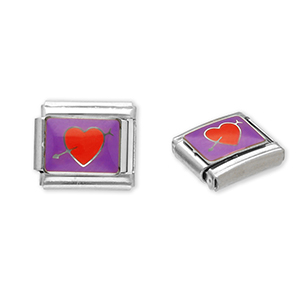 Link-tessera per bracciale italiano con ciondoli in acciaio inossidabile cuore con freccia argento-viola-rosso
