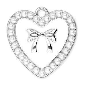 Ciondoli di metallo cuore con perline e fiocco argento-bianco