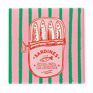 BY31&reg; Piastrella decorativa con scritta "Sardines. Small fish, big attitude" rosa-rosso-verde-bianco